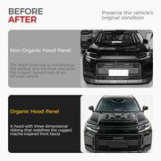 Before and after comparison of a black 4x4 vehicle with a flat hood versus an organic ribbed hood.