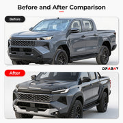 Before and after comparison of a gray 4x4 pickup truck with off-road body upgrades.