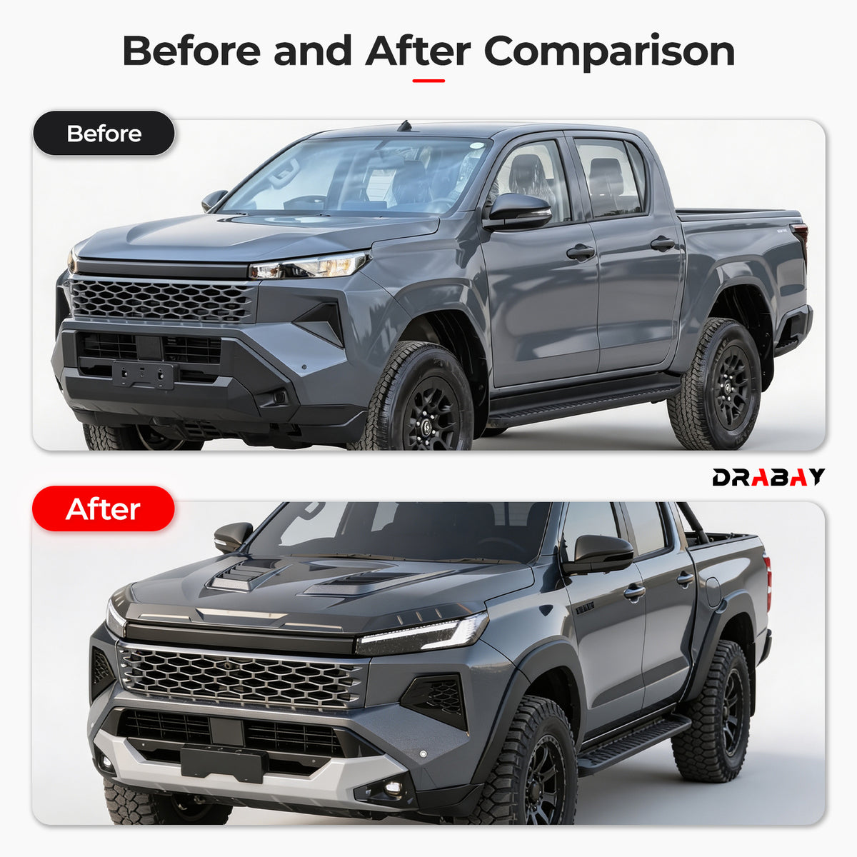 Before and after comparison of a gray 4x4 pickup truck with off-road body upgrades.