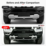 Before and after comparison of a 4x4 vehicle front bumper upgrade with a new skid plate.