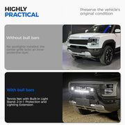 Comparison of a vehicle front end without bull bars versus with a bull bar and light stand.