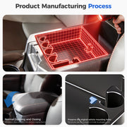 Infographic showing the design and installation process of a vehicle center console organizer.