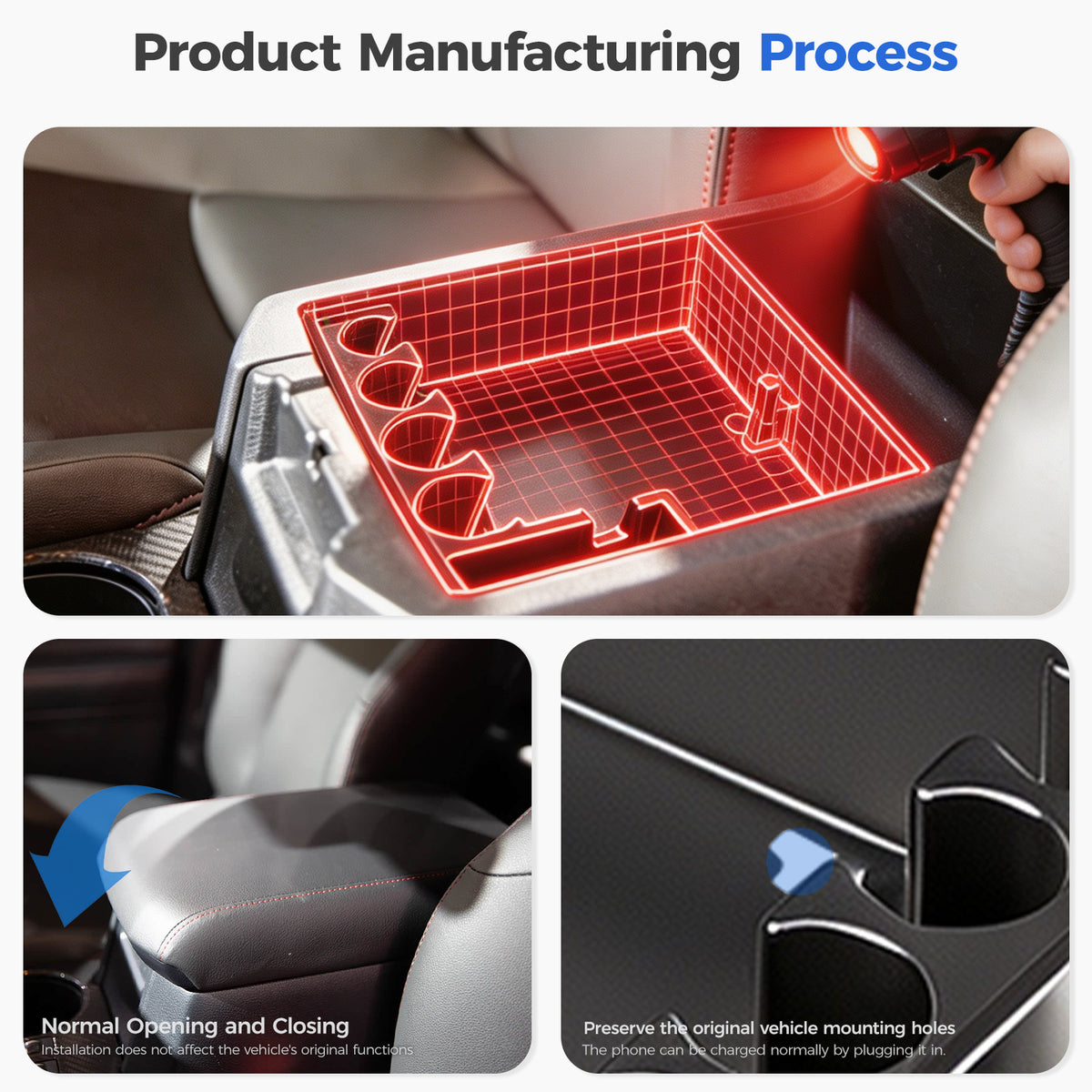 Infographic showing the design and installation process of a vehicle center console organizer.