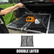 Double layer cargo net for truck bed storage and organization